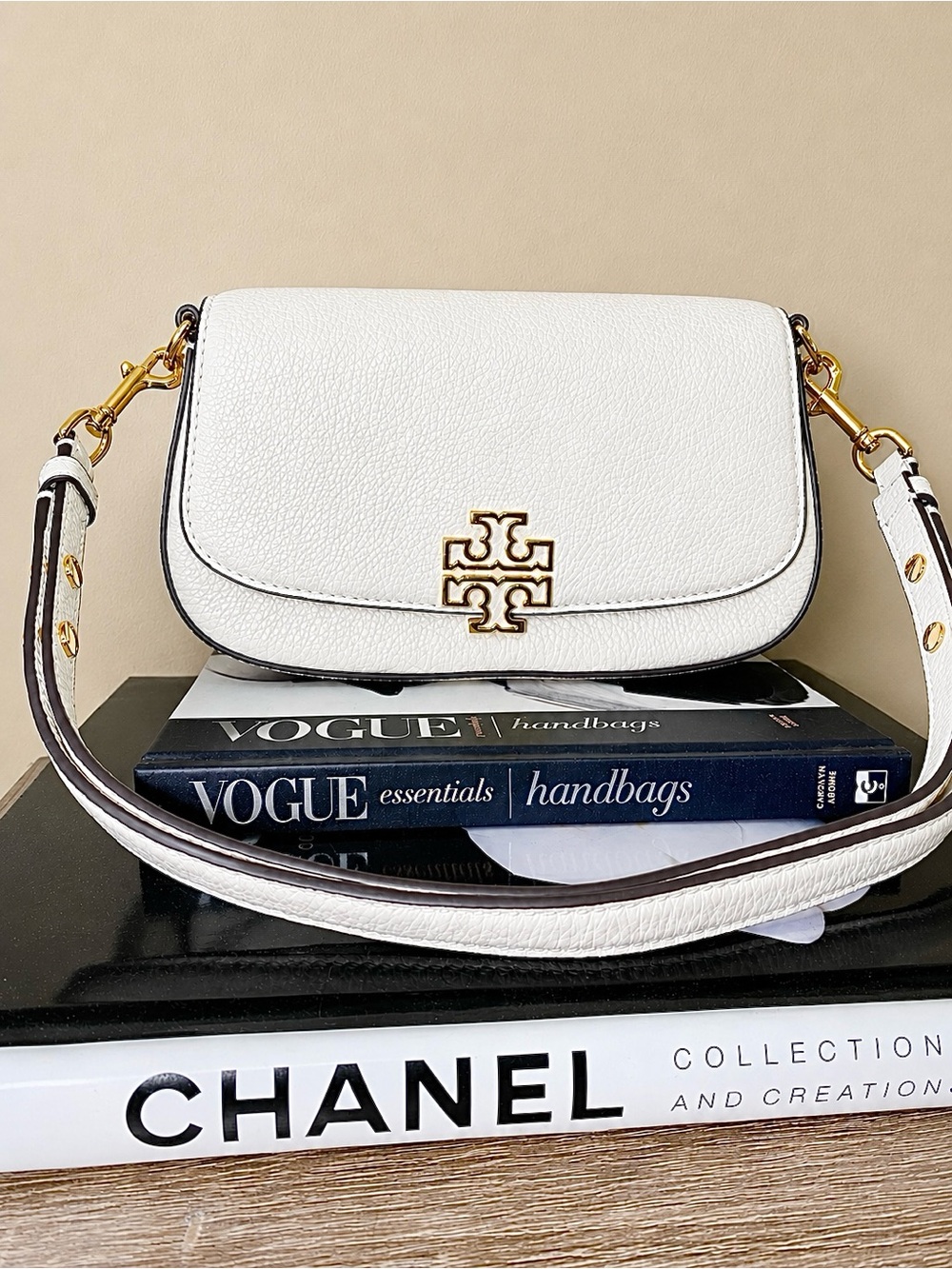 Tory Burch White Leather Logo Flap Crossbody with Gold Hardware